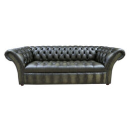 Chesterfield 3 Seater Buttoned Seat Sofa Antique Olive Green Leather In Balmoral Style - thumbnail 1