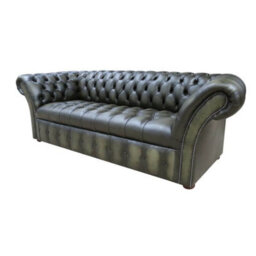 Chesterfield 3 Seater Buttoned Seat Sofa Antique Olive Green Leather In Balmoral Style - thumbnail 3