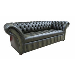Chesterfield 3 Seater Buttoned Seat Sofa Antique Olive Green Leather In Balmoral Style - thumbnail 2