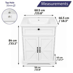 Home Treats White Freestanding Vanity Unit & Basin Set 2 Door 1 Drawer Vanity (W) 600mm (H) 830mm - thumbnail 8
