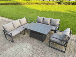 Fimous Aluminium Garden Furniture Sets,7 Seater With Rising Lifting Dining Table Cushions For Yard,poolside, Patio, Dark Grey