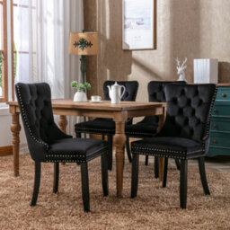 BTM Set Of 6 Modern Velvet Dining Chairs, Button Tufted With Solid Wood Legs And Knocker Ring For Dining Or Living Room (Black)