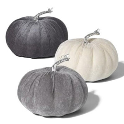 Heaven Sends Halloween Velvet Pumpkin Set Of 3, Grey And Cream, 20 X 20 X 18 Cm