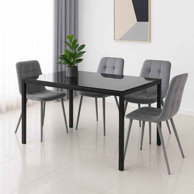 Kosy Koala Modern Black Glass Dining Table Set With 4 Grey Velvet Chairs Dining Room Furniture - image 1