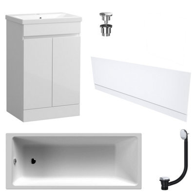 FNX Bathrooms Waterproof 600mm Vanity Unit With Single Ended Bath Gloss White Front Panel Chrome Bath & Universal Basin Waste Set - image 1