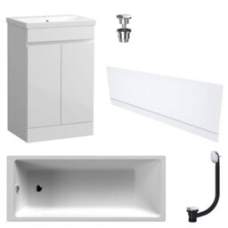 FNX Bathrooms Waterproof 600mm Vanity Unit With Single Ended Bath Gloss White Front Panel Chrome Bath & Universal Basin Waste Set - thumbnail 1