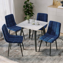 Urbn-Living Urbnliving 5Pcs White Matt Modern Ceramic Top Dining Table & Blue Velvet Chairs With Metal Legs - thumbnail 2