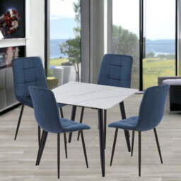 Urbn-Living Urbnliving 5Pcs White Matt Modern Ceramic Top Dining Table & Blue Velvet Chairs With Metal Legs