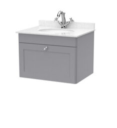 Balterley Swynnerton Traditional 1 Drawer Wall Hung Vanity Unit With Marble Basin, Satin Grey, 600mm - thumbnail 1
