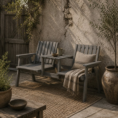 Wyld Haus Sasumi Grey 2-Seater Wooden Slatted Loveseat With Integrated Centre Table And Parasol Hole - image 1