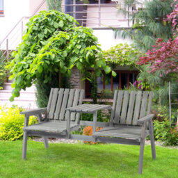 Wyld Haus Sasumi Grey 2-Seater Wooden Slatted Loveseat With Integrated Centre Table And Parasol Hole - thumbnail 3