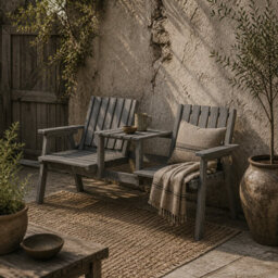 Wyld Haus Sasumi Grey 2-Seater Wooden Slatted Loveseat With Integrated Centre Table And Parasol Hole - thumbnail 1