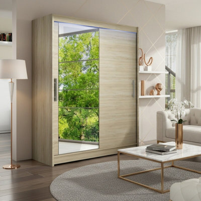 Westa Vi 150 Cm Mirrored Sliding Sonoma Wardrobe Spacious Modern Storage With Shelves Hanging Space And Rgb Led Colorful - image 1