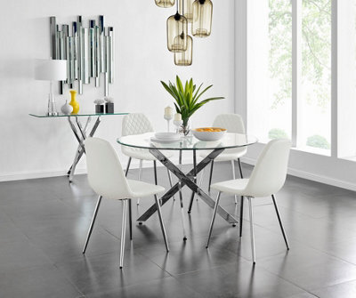 Furniturebox Uk Novara Chrome Metal And Glass Large Round Dining Table And 4 White Corona Silver Chairs Set - image 1