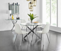 Furniturebox Uk Novara Chrome Metal And Glass Large Round Dining Table And 4 White Corona Silver Chairs Set - thumbnail 1