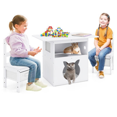 Gainoom Kids Table And Chairs Set 3 Pieces Wooden Children Furniture-White - image 1