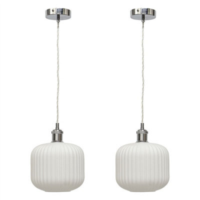 First Choice Lighting Set Of 2 Bento - White Ribbed Glass Chrome Retro Pendant Fittings - image 1