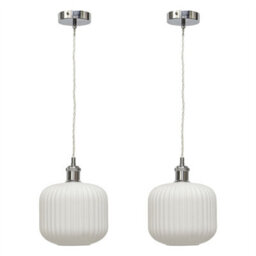 First Choice Lighting Set Of 2 Bento - White Ribbed Glass Chrome Retro Pendant Fittings - thumbnail 1