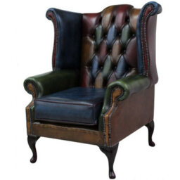 Chesterfield Patchwork High Back Wing Chair Antique Real Leather In Queen Anne Style - thumbnail 2