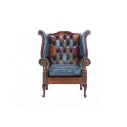 Chesterfield Patchwork High Back Wing Chair Antique Real Leather In Queen Anne Style - thumbnail 3