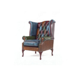 Chesterfield Patchwork High Back Wing Chair Antique Real Leather In Queen Anne Style - thumbnail 4