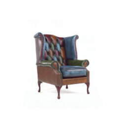 Chesterfield Patchwork High Back Wing Chair Antique Real Leather In Queen Anne Style - thumbnail 5