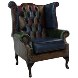 Chesterfield Patchwork High Back Wing Chair Antique Real Leather In Queen Anne Style - thumbnail 1