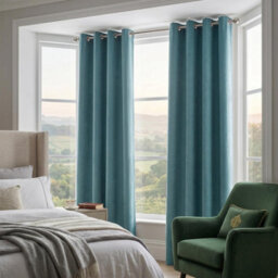Luxury Living Velvet Chenille Eyelet Curtains Ready Made Pair Teal - thumbnail 7