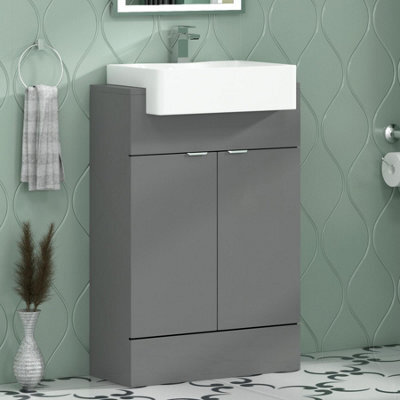 Royal Bathrooms Elena 600mm Floor Standing Bathroom Vanity Sink Unit Indigo Grey Gloss 2 Door With Semi Recessed Basin - image 1