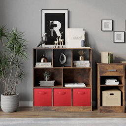 Urbn-Living Urbnliving Asymmetrical 8-Cube Rustic Brown Bookcase Storage Unit With 3 Fabric Drawer Inserts - Red - thumbnail 2