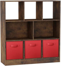 Urbn-Living Urbnliving Asymmetrical 8-Cube Rustic Brown Bookcase Storage Unit With 3 Fabric Drawer Inserts - Red - thumbnail 1