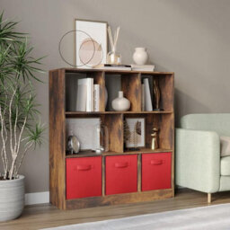 Urbn-Living Urbnliving Asymmetrical 8-Cube Rustic Brown Bookcase Storage Unit With 3 Fabric Drawer Inserts - Red - thumbnail 4