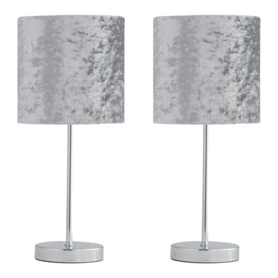 First Choice Lighting Set Of 2 Chrome Stick Table Lamps With Grey Crushed Velvet Shades - image 1