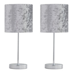 First Choice Lighting Set Of 2 Chrome Stick Table Lamps With Grey Crushed Velvet Shades