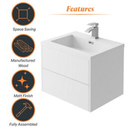 Plum&clay Borneo White Wall Hung Vanity Unit & Basin Set Bathroom Furniture (W)600mm (H)470mm - thumbnail 5