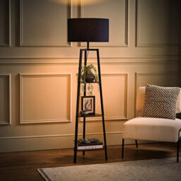 Valuelights Hiru Black 3 Tier Shelf Floor Lamp With Navy Drum Shade And Bulb