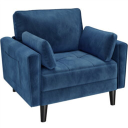Yaheetech Blue Velvet Oversized Ergonomic High Back Tub Lounge Armchair, Side Storage Pockets & 2 Throw Pillows - thumbnail 2