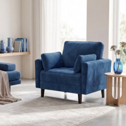 Yaheetech Blue Velvet Oversized Ergonomic High Back Tub Lounge Armchair, Side Storage Pockets & 2 Throw Pillows