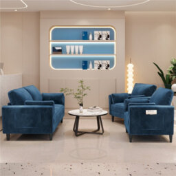 Yaheetech Blue Velvet Oversized Ergonomic High Back Tub Lounge Armchair, Side Storage Pockets & 2 Throw Pillows - thumbnail 6