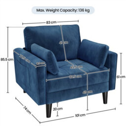 Yaheetech Blue Velvet Oversized Ergonomic High Back Tub Lounge Armchair, Side Storage Pockets & 2 Throw Pillows - thumbnail 3