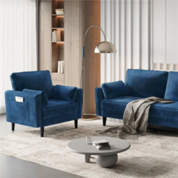 Yaheetech Blue Velvet Oversized Ergonomic High Back Tub Lounge Armchair, Side Storage Pockets & 2 Throw Pillows - thumbnail 5