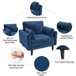 Yaheetech Blue Velvet Oversized Ergonomic High Back Tub Lounge Armchair, Side Storage Pockets & 2 Throw Pillows - thumbnail 7