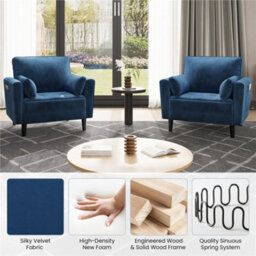 Yaheetech Blue Velvet Oversized Ergonomic High Back Tub Lounge Armchair, Side Storage Pockets & 2 Throw Pillows - thumbnail 4