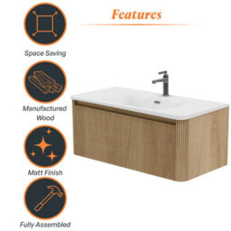 Plum&clay Isla Ribbed Fluted Oak Wood Wall Hung Drawer Vanity Unit & White Basin Set (W)1000mm - thumbnail 6