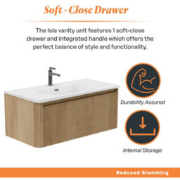 Plum&clay Isla Ribbed Fluted Oak Wood Wall Hung Drawer Vanity Unit & White Basin Set (W)1000mm - thumbnail 4