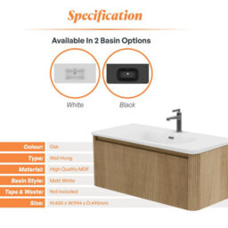 Plum&clay Isla Ribbed Fluted Oak Wood Wall Hung Drawer Vanity Unit & White Basin Set (W)1000mm - thumbnail 5