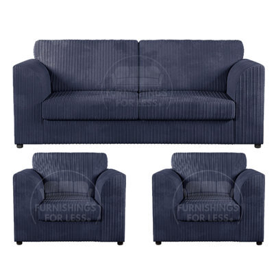 Furnishings For Less UK Luxor Jumbo Cord 3 + 1 + 1 Fabric 3 Piece Sofa Suite - Fullback Navy Blue - image 1