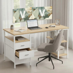 Computer Desk Modern Style 140X60Cm With Storage Shelves D Rawers Oak White - thumbnail 6