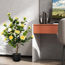 Costway Artificial Camellia Tree Faux Flower Plant Artificial Tree In Cement Pot Greenery Potted Plant Free Maintenance - thumbnail 1