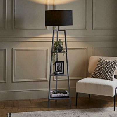 Valuelights Hiru Grey 3 Tier Shelf Floor Lamp With Black Drum Shade - image 1
